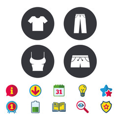 Clothes icons. T-shirt and pants with shorts signs. Swimming trunks symbol. Calendar, Information and Download signs. Stars, Award and Book icons. Light bulb, Shield and Search. Vector