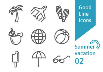 Summer vacation outline icons set 02. Airplane, umbrella, sunglasses, pina colada cocktail, flippers and other linear symbols