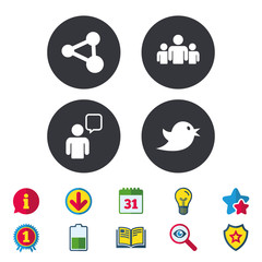Group of people and share icons. Speech bubble symbols. Communication signs. Calendar, Information and Download signs. Stars, Award and Book icons. Light bulb, Shield and Search. Vector