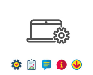 Laptop computer icon. Notebook Service sign. Portable personal computer symbol. Report, Service and Information line signs. Download, Speech bubble icons. Editable stroke. Vector