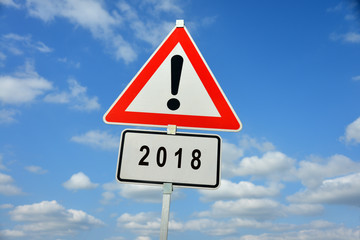 Jahr, Zukunft, 2018, Schild, Silvester, Neujahr, symbolisch, Achtung, Warnung, Neues Jahr,...