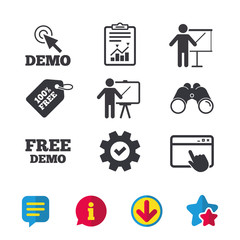 Demo with cursor icon. Presentation billboard sign. Man standing with pointer symbol. Browser window, Report and Service signs. Binoculars, Information and Download icons. Stars and Chat. Vector