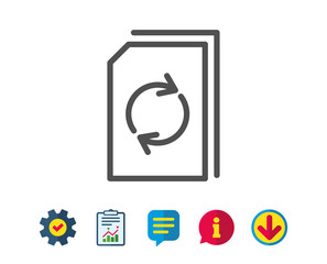 Update Document line icon. Refresh Information File sign. Paper page concept symbol. Report, Service and Information line signs. Download, Speech bubble icons. Editable stroke. Vector
