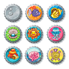 Vector set of metallic bottle caps, summer drawings on lids. Cartoon turtle, sea shell,  coral reef fish, vacation travel icons. Water drops, grunge textures.  Design elements on white background