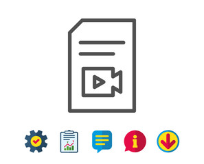 Document with Video content line icon. Vlog File with Camera sign. Paper page concept symbol. Report, Service and Information line signs. Download, Speech bubble icons. Editable stroke. Vector