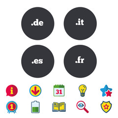 Top-level internet domain icons. De, It, Es and Fr symbols. Unique national DNS names. Calendar, Information and Download signs. Stars, Award and Book icons. Light bulb, Shield and Search. Vector