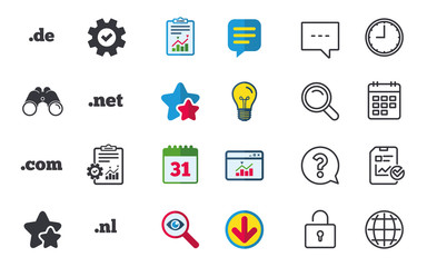 Top-level internet domain icons. De, Com, Net and Nl symbols. Unique national DNS names. Chat, Report and Calendar signs. Stars, Statistics and Download icons. Question, Clock and Globe. Vector