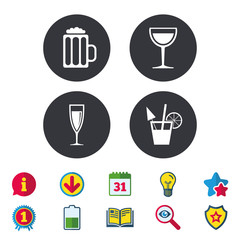 Alcoholic drinks icons. Champagne sparkling wine and beer symbols. Wine glass and cocktail signs. Calendar, Information and Download signs. Stars, Award and Book icons. Light bulb, Shield and Search