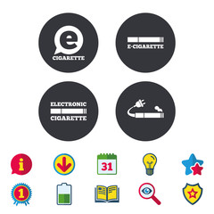 E-Cigarette with plug icons. Electronic smoking symbols. Speech bubble sign. Calendar, Information and Download signs. Stars, Award and Book icons. Light bulb, Shield and Search. Vector
