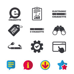 E-Cigarette with plug icons. Electronic smoking symbols. Speech bubble sign. Browser window, Report and Service signs. Binoculars, Information and Download icons. Stars and Chat. Vector