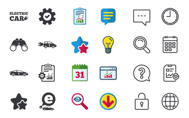 Electric car icons. Sedan and Hatchback transport symbols. Eco fuel vehicles signs. Chat, Report and Calendar signs. Stars, Statistics and Download icons. Question, Clock and Globe. Vector