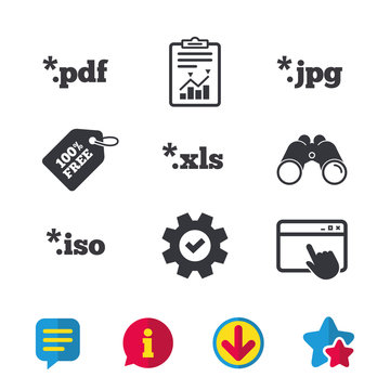 Document icons. File extensions symbols. PDF, XLS, JPG and ISO virtual drive signs. Browser window, Report and Service signs. Binoculars, Information and Download icons. Stars and Chat. Vector