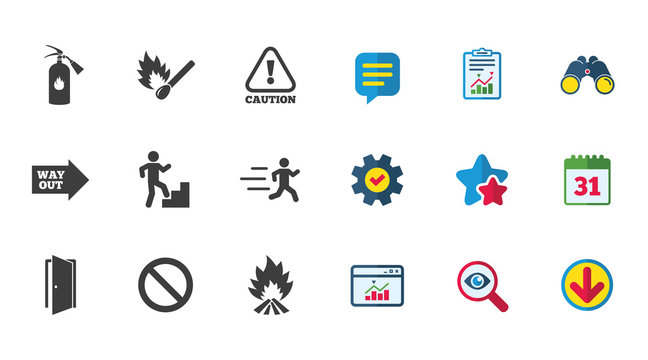 Fire safety, emergency icons. Fire extinguisher, exit and attention signs. Caution, water drop and way out symbols. Calendar, Report and Download signs. Stars, Service and Search icons. Vector