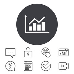 Graph chart sign icon. Diagram symbol. Statistics. Calendar, Locker and Speech bubble line signs. Video camera, Statistics and Question icons. Vector