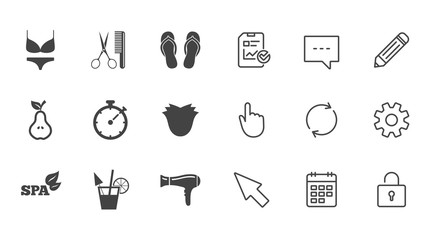 Hairdresser, spa icons. Diet cocktail sign. Lingerie, scissors and hairdryer symbols. Chat, Report and Calendar line signs. Service, Pencil and Locker icons. Click, Rotation and Cursor. Vector