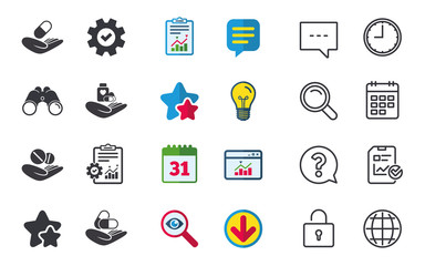 Helping hands icons. Medical health insurance symbols. Drugs pills bottle signs. Medicine tablets. Chat, Report and Calendar signs. Stars, Statistics and Download icons. Question, Clock and Globe