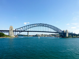Harbour bridge leading from Syndey on a clear day with sailboats