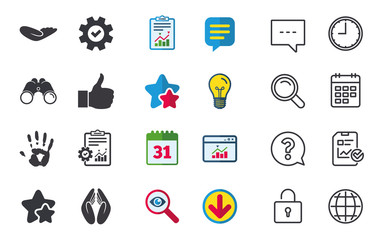 Hand icons. Like thumb up symbol. Insurance protection sign. Human helping donation hand. Prayer hands. Chat, Report and Calendar signs. Stars, Statistics and Download icons. Question, Clock and Globe