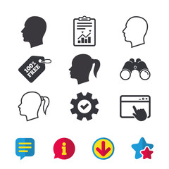 Head icons. Male and female human symbols. Woman with pigtail signs. Browser window, Report and Service signs. Binoculars, Information and Download icons. Stars and Chat. Vector