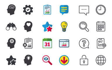 Head with brain and idea lamp bulb icons. Male human think symbols. Cogwheel gears signs. Love heart. Chat, Report and Calendar signs. Stars, Statistics and Download icons. Question, Clock and Globe