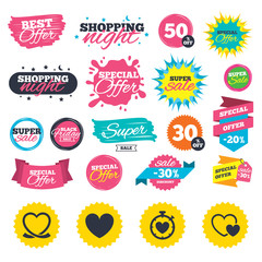 Sale shopping banners. Heart ribbon icon. Timer stopwatch symbol. Love and Heartbeat palpitation signs. Web badges, splash and stickers. Best offer. Vector