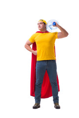 Man delivering water bottle isolated on white