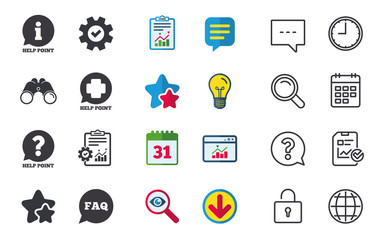 Help point icons. Question and information symbols. FAQ speech bubble signs. Chat, Report and Calendar signs. Stars, Statistics and Download icons. Question, Clock and Globe. Vector