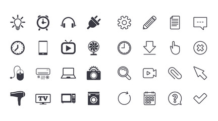 Set of Electronics, Home appliances and Devices icons. Hairdryer, Photo camera and Notebook signs. Air conditioning, Washing machine and Microwave oven symbols. Vector