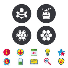 Honey icon. Honeycomb cells with bees symbol. Sweet natural food signs. Calendar, Information and Download signs. Stars, Award and Book icons. Light bulb, Shield and Search. Vector