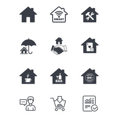 Real estate icons. House insurance, broker and casino with bar signs. Handshake deal, coffee and smart house symbols. Customer service, Shopping cart and Report line signs. Vector