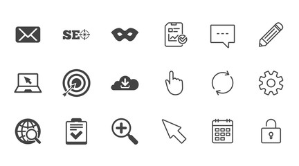 Internet, seo icons. Checklist, target and mail signs. Mask, download cloud and magnifier symbols. Chat, Report and Calendar line signs. Service, Pencil and Locker icons. Click, Rotation and Cursor