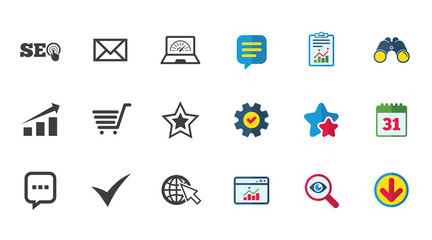 Internet, seo icons. Tick, online shopping and chart signs. Bandwidth, mobile device and chat symbols. Calendar, Report and Download signs. Stars, Service and Search icons. Vector