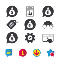 Money bag icons. Dollar, Euro, Pound and Yen speech bubbles symbols. USD, EUR, GBP and JPY currency signs. Browser window, Report and Service signs. Binoculars, Information and Download icons. Vector