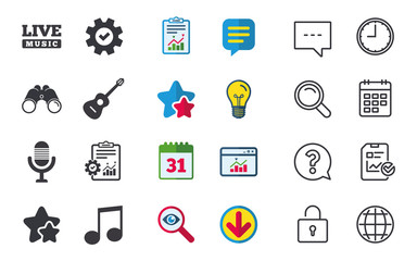 Musical elements icons. Microphone and Live music symbols. Music note and acoustic guitar signs. Chat, Report and Calendar signs. Stars, Statistics and Download icons. Question, Clock and Globe