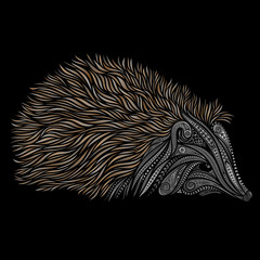 Gray vector hedgehog from patterns on a black background