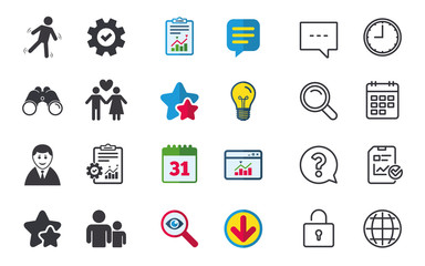 Fototapeta premium Businessman person icon. Group of people symbol. Man love Woman or Lovers sign. Caution slippery. Chat, Report and Calendar signs. Stars, Statistics and Download icons. Question, Clock and Globe