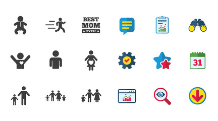 People, family icons. Maternity, person and baby signs. Best mom, father and mother symbols. Calendar, Report and Download signs. Stars, Service and Search icons. Statistics, Binoculars and Chat