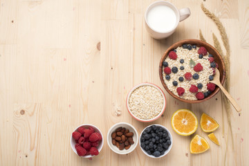 Healthy breakfast ingredients on wood table, Healthy food concept