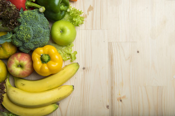 Vegetables and fruits on wood table ,Healthy food concept