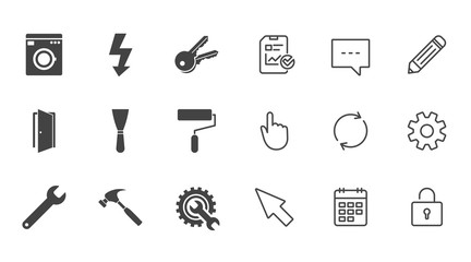 Repair, construction icons. Electricity, keys and hammer signs. Door, washing machine and service symbols. Chat, Report and Calendar line signs. Service, Pencil and Locker icons. Vector