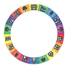 circle of simple house and tree - silhouette and iridescent background  -