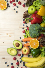 Vegetables and fruits on wood table ,Healthy food concept