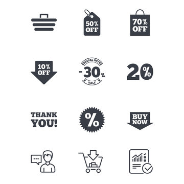 Sale discounts icon. Shopping cart, coupon and buy now signs. 20, 30 and 50 percent off. Special offer symbols. Customer service, Shopping cart and Report line signs. Online shopping and Statistics