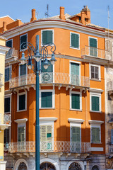 Old orange apartment building architecture of Greece, Corfu island