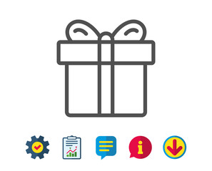 Gift box line icon. Present or Sale sign. Birthday Shopping symbol. Package in Gift Wrap. Report, Service and Information line signs. Download, Speech bubble icons. Editable stroke. Vector