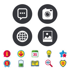 Social media icons. Chat speech bubble and world globe symbols. Hipster photo camera sign. Landscape photo frame. Calendar, Information and Download signs. Stars, Award and Book icons. Vector