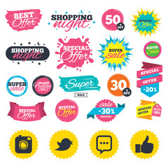 Sale shopping banners. Hipster photo camera icon. Like and Chat speech bubble sign. Hand thumb up. Bird symbol. Web badges, splash and stickers. Best offer. Vector