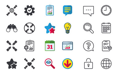 Teamwork icons. Helping Hands with globe and heart symbols. Group of employees working together. Chat, Report and Calendar signs. Stars, Statistics and Download icons. Question, Clock and Globe