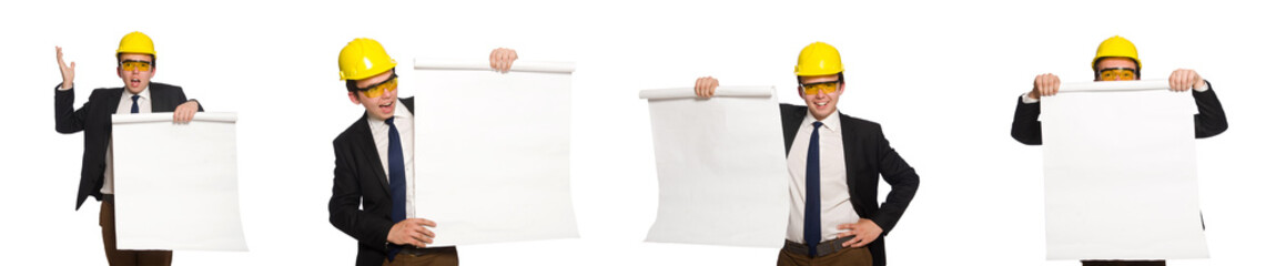 Funny architect with drawings on white