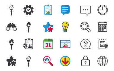 Torch flame icons. Fire flaming symbols. Hand tool which provides light or heat. Chat, Report and Calendar signs. Stars, Statistics and Download icons. Question, Clock and Globe. Vector